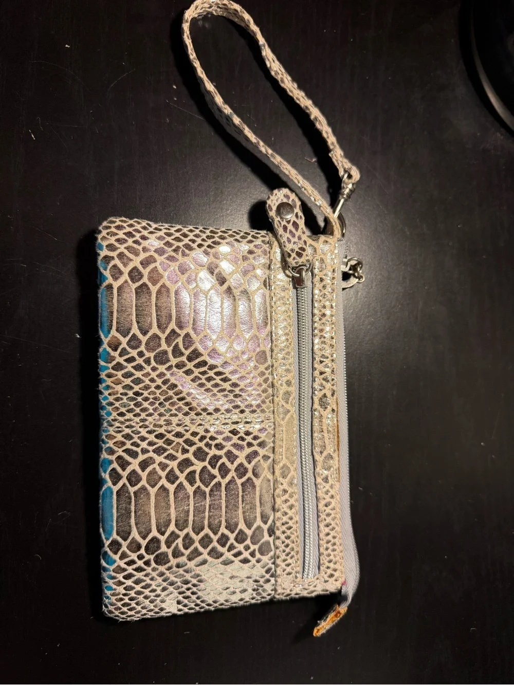 Neutral Snake-Texture Wristlet Clutch in Beige and Teal